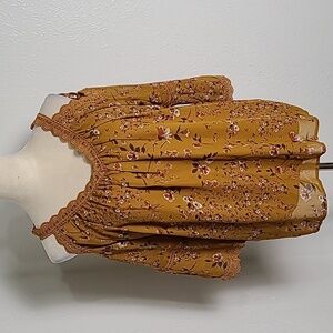 Knit Works Gold Floral Cold-Shoulder Top, Lace Embroidered Accents Girls Large